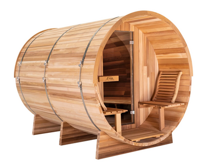 8 FT - Classic Red Cedar Barrel Sauna with Porch 4-6 Person