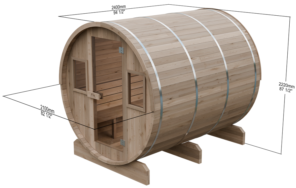 8 FT - Classic Thermowood Barrel Sauna 4-6 Person with Porch