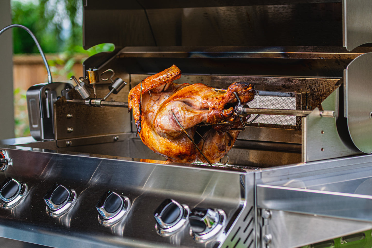Roasted chicken on a rotisserie grill with a green outdoor background. Jackson Grills.